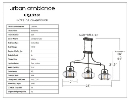 Three-Light Ceiling Fixture Steel & Textured Glass 38 in Wide Adjustable Height Bronze Finish Dining Room Hanging Light for Kitchen Island L