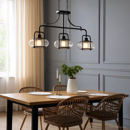 Three-Light Ceiling Fixture Steel & Textured Glass 38 in Wide Adjustable Height Bronze Finish Dining Room Hanging Light for Kitchen Island L