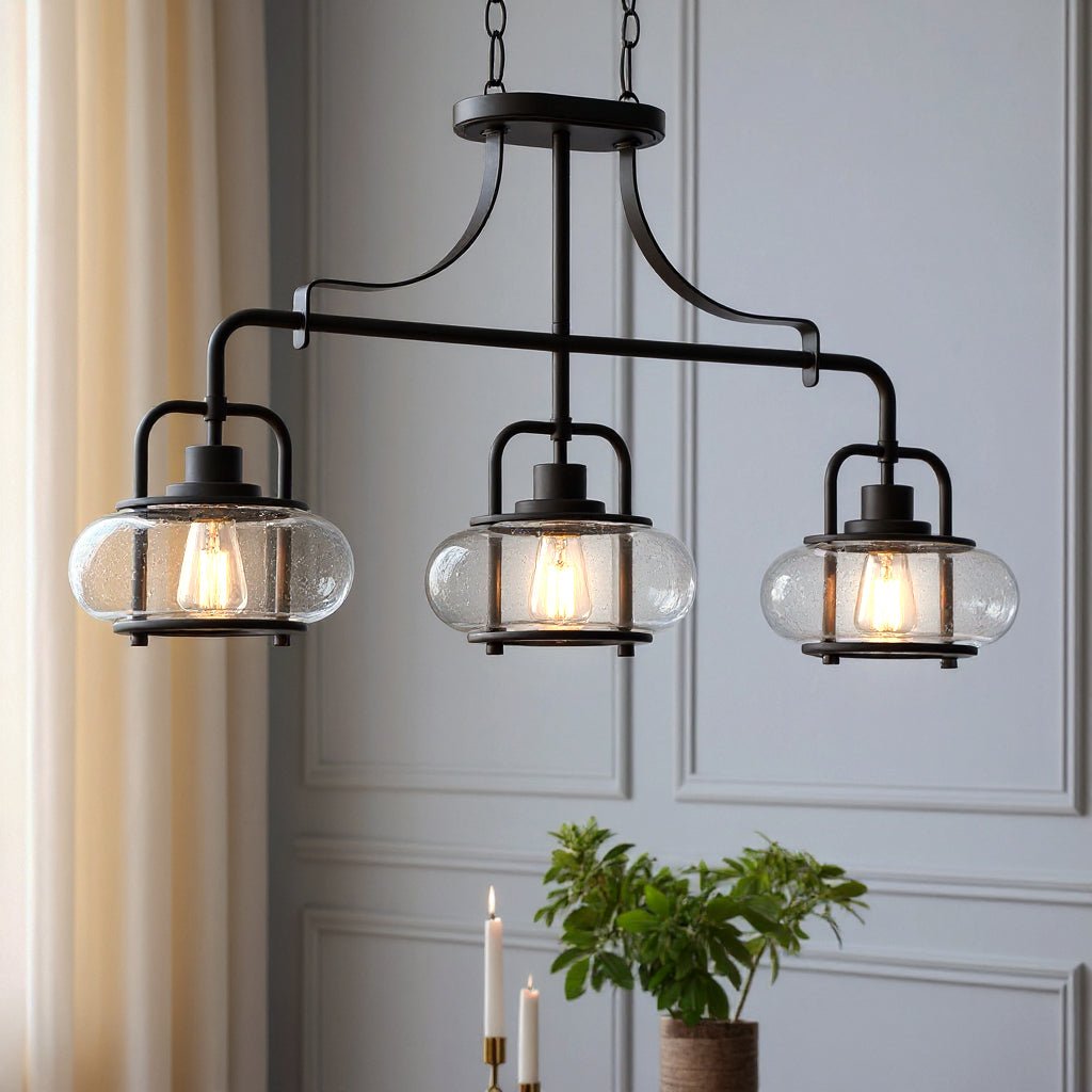 Three-Light Ceiling Fixture Steel & Textured Glass 38 in Wide Adjustable Height Bronze Finish Dining Room Hanging Light for Kitchen Island L
