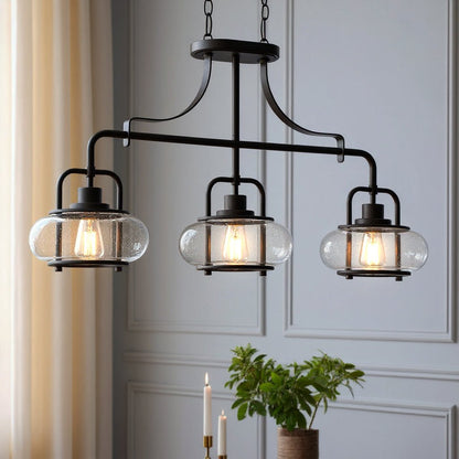 Three-Light Ceiling Fixture Steel & Textured Glass 38 in Wide Adjustable Height Bronze Finish Dining Room Hanging Light for Kitchen Island L