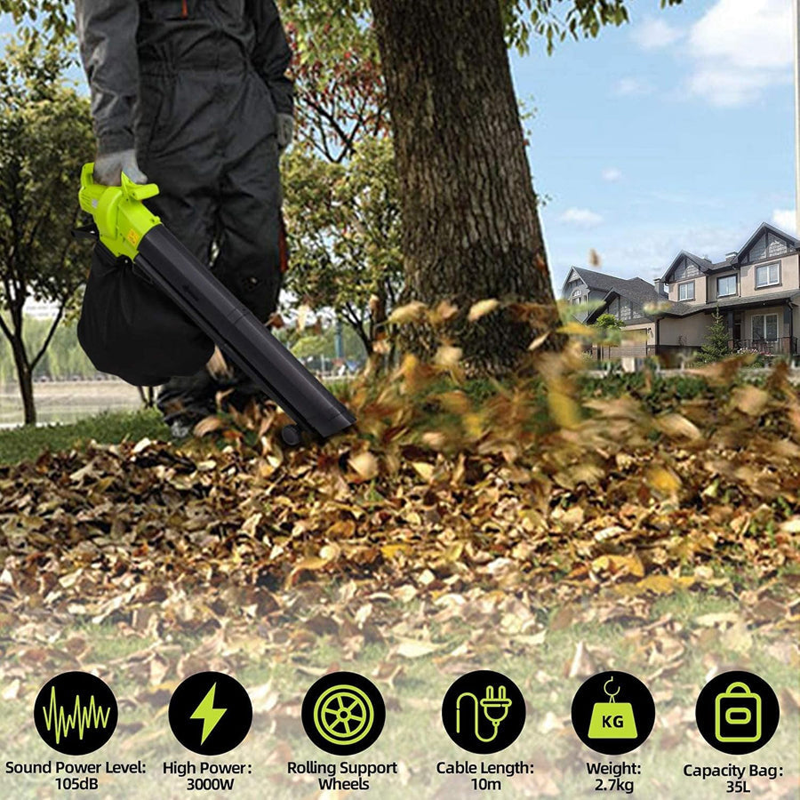 Electric Leaf Blower Vacuum Mulcher 3-in-1 with 35L Bag & 10:1 Shredder for Lawns Driveways Patios | Lightweight Corded Garden Tool