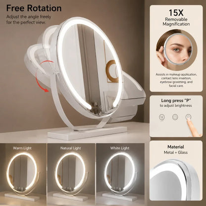 LED Lighted Makeup Mirror 15x Magnifying Touch Adjustable Brightness Vanity Desktop Gold Black White Rotating Frame 3 Light Modes for