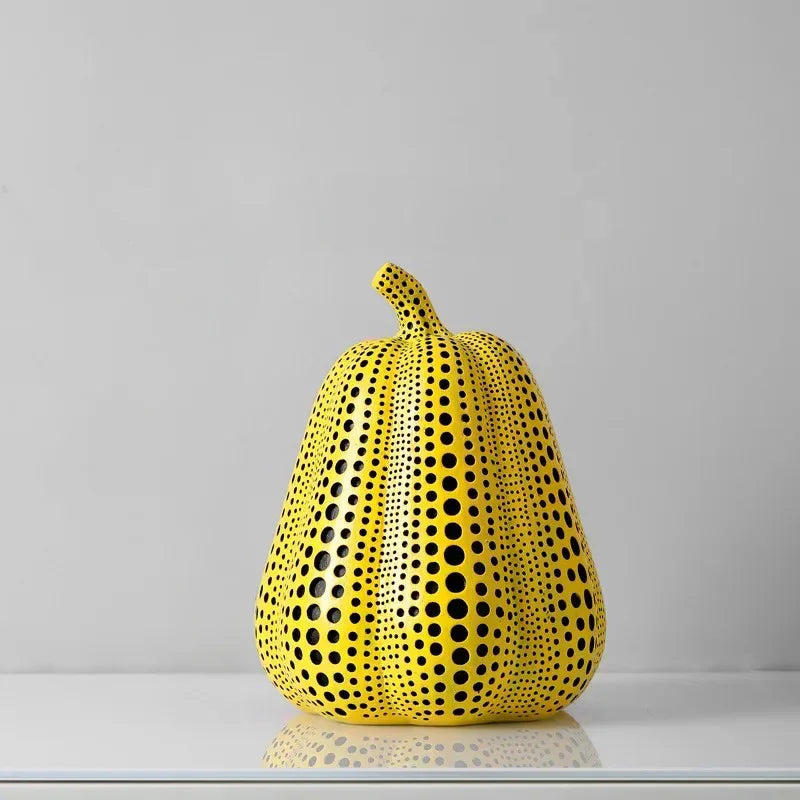 Yellow Resin Figurines Tabletop Accents Set Contemporary Shelf Decor Owl Pear Pumpkin Bird Sculptures 8 Inch Statement Pieces for Coffee Tab
