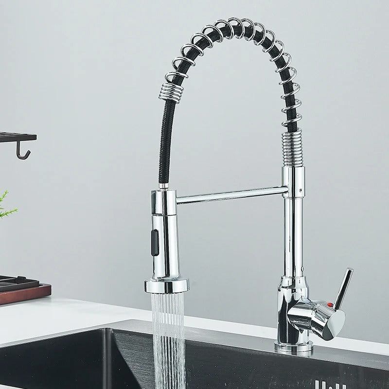 Brass Single-Hole Faucet with Rotating Spout & Detachable Spray Nozzle for Contemporary Kitchens & Dual-Basin Prep Areas