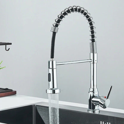 Brass Single-Hole Faucet with Rotating Spout & Detachable Spray Nozzle for Contemporary Kitchens & Dual-Basin Prep Areas