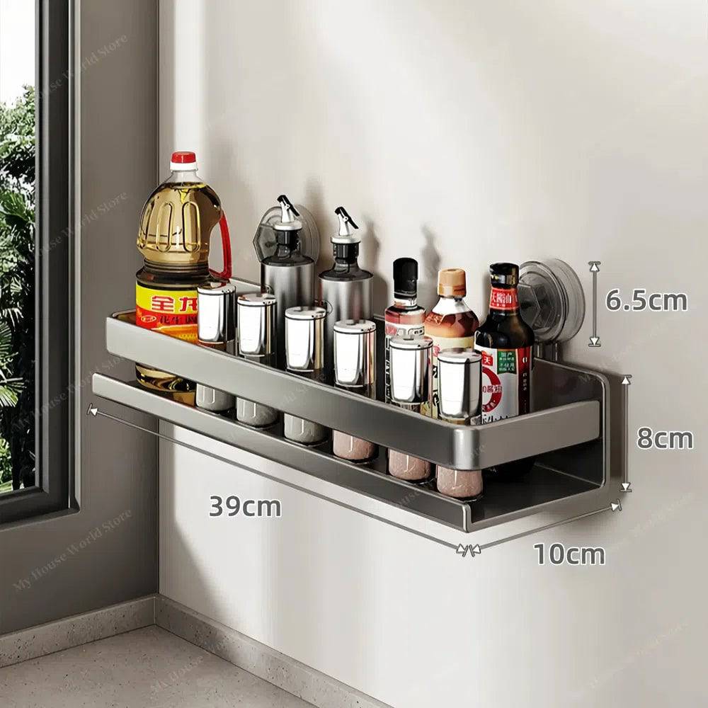 Stainless Steel Suction Cup Spice Shelf for Kitchen Walls – No-Drill Organizer Rack for Smooth Surfaces, Tiles & Glass – Adjustable