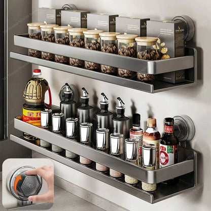 Stainless Steel Suction Cup Spice Shelf for Kitchen Walls – No-Drill Organizer Rack for Smooth Surfaces, Tiles & Glass – Adjustable