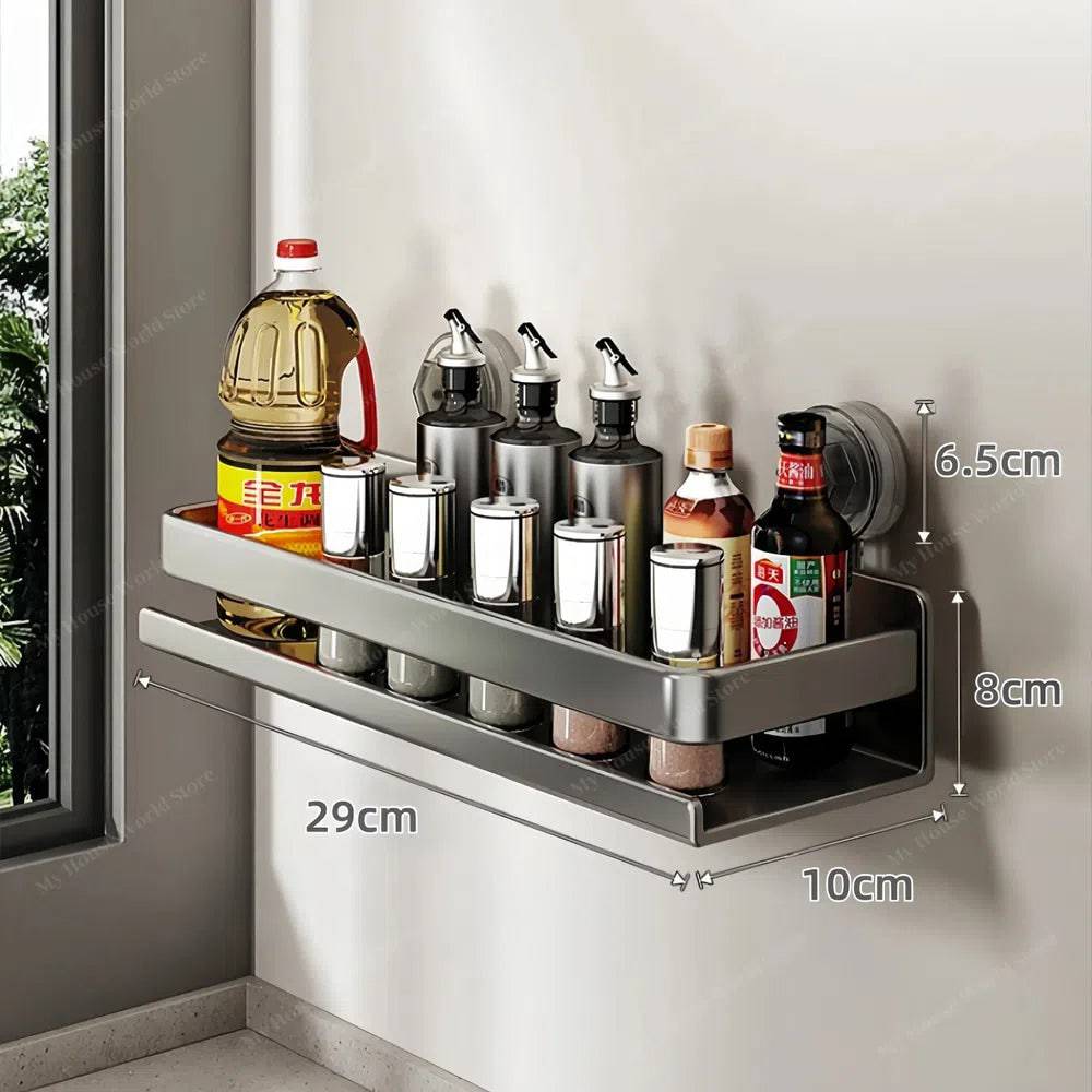 Stainless Steel Suction Cup Spice Shelf for Kitchen Walls – No-Drill Organizer Rack for Smooth Surfaces, Tiles & Glass – Adjustable