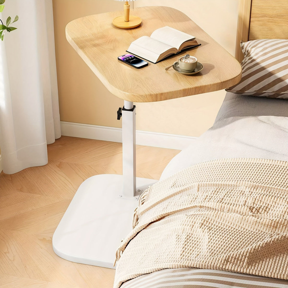Adjustable Height C-Table for Couch & Bed – Wood Top, Metal Base, Slides Under Furniture for Living Room, Bedroom, Home Office