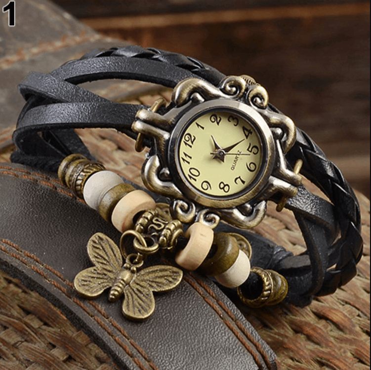 Layered Leather Wrap Watch for Women – Boho Leaf Charm Bracelet Timepiece for Everyday Style