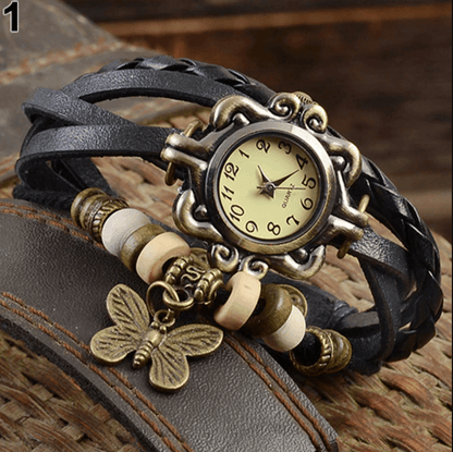 Layered Leather Wrap Watch for Women – Boho Leaf Charm Bracelet Timepiece for Everyday Style