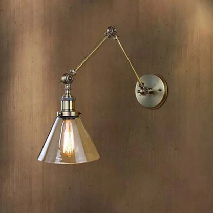 Adjustable Swing Arm Wall Lamp with Tapered Clear Glass Shade – Industrial Style Sconce for Bedroom, Hallway & Den
