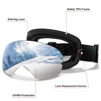 Anti-Fog Snow Goggles for Skiing & Snowboarding – UV400 Protection, OTG Compatible, Lightweight 4 oz Design