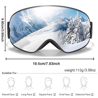 Anti-Fog Snow Goggles for Skiing & Snowboarding – UV400 Protection, OTG Compatible, Lightweight 4 oz Design