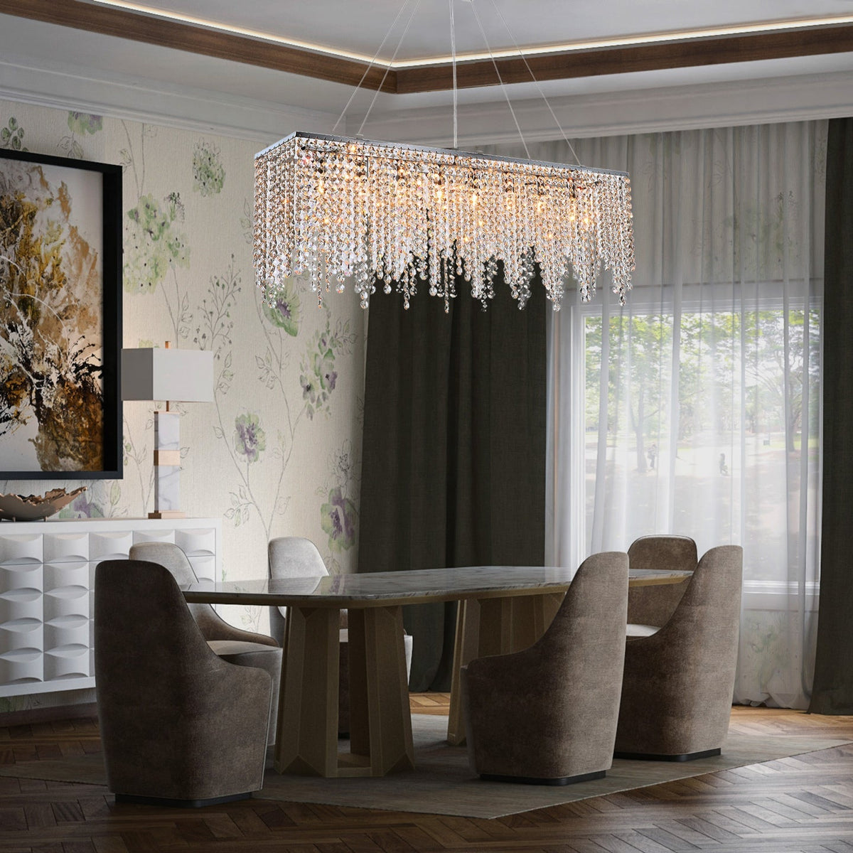 Rectangular Crystal Chandelier Ceiling Light Fixture Stainless Steel Frame E12 Candelabra Base for Dining Room Kitchen Island Modern