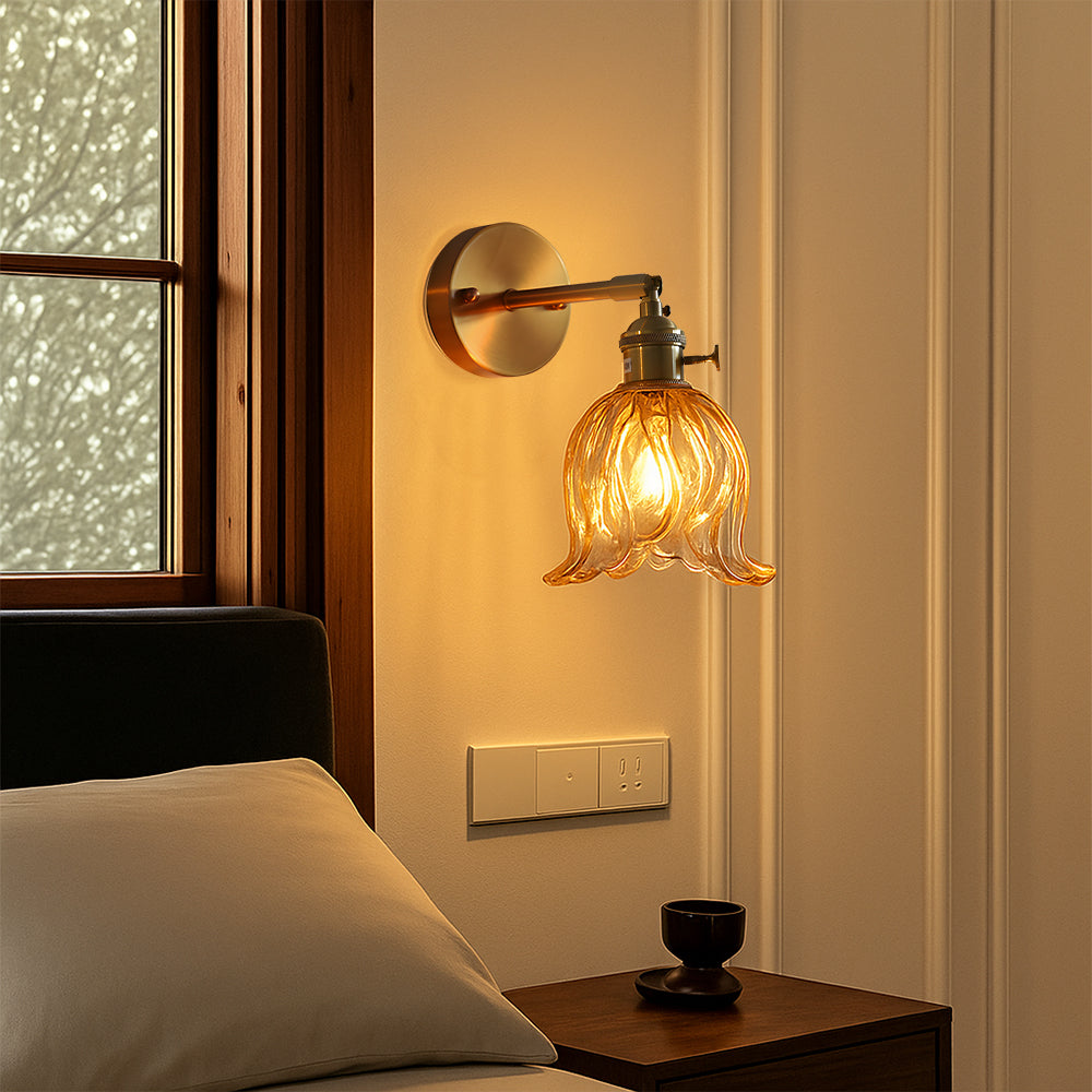Floral Glass Sconce Light 6.3 Inch Green Metal Arm Wall Mount Fixture for Bedrooms Entryways Living Spaces Ambient LED Lighting