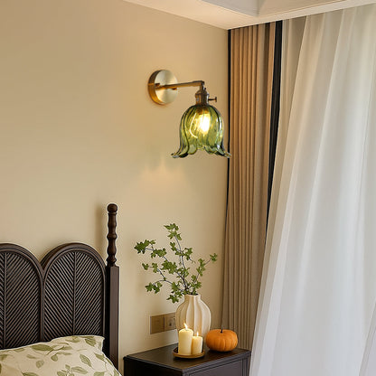 Floral Glass Sconce Light 6.3 Inch Green Metal Arm Wall Mount Fixture for Bedrooms Entryways Living Spaces Ambient LED Lighting