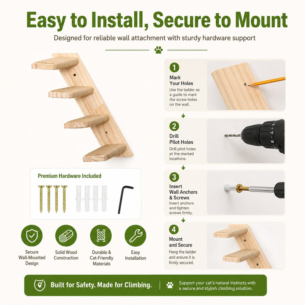 Ortekor Wall-Mounted Solid Wood Cat Steps for Shelves & Perches - Space-Saving Jute Climbing Ladder