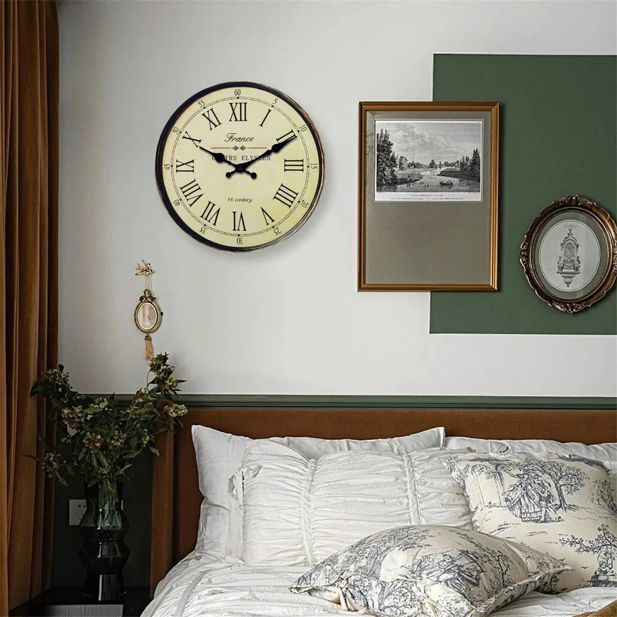 Round Vintage-Inspired Analog Wall Clock Whisper-Quiet Non-Ticking for Bedroom Living Room Kitchen MDF Construction French Provincial Style