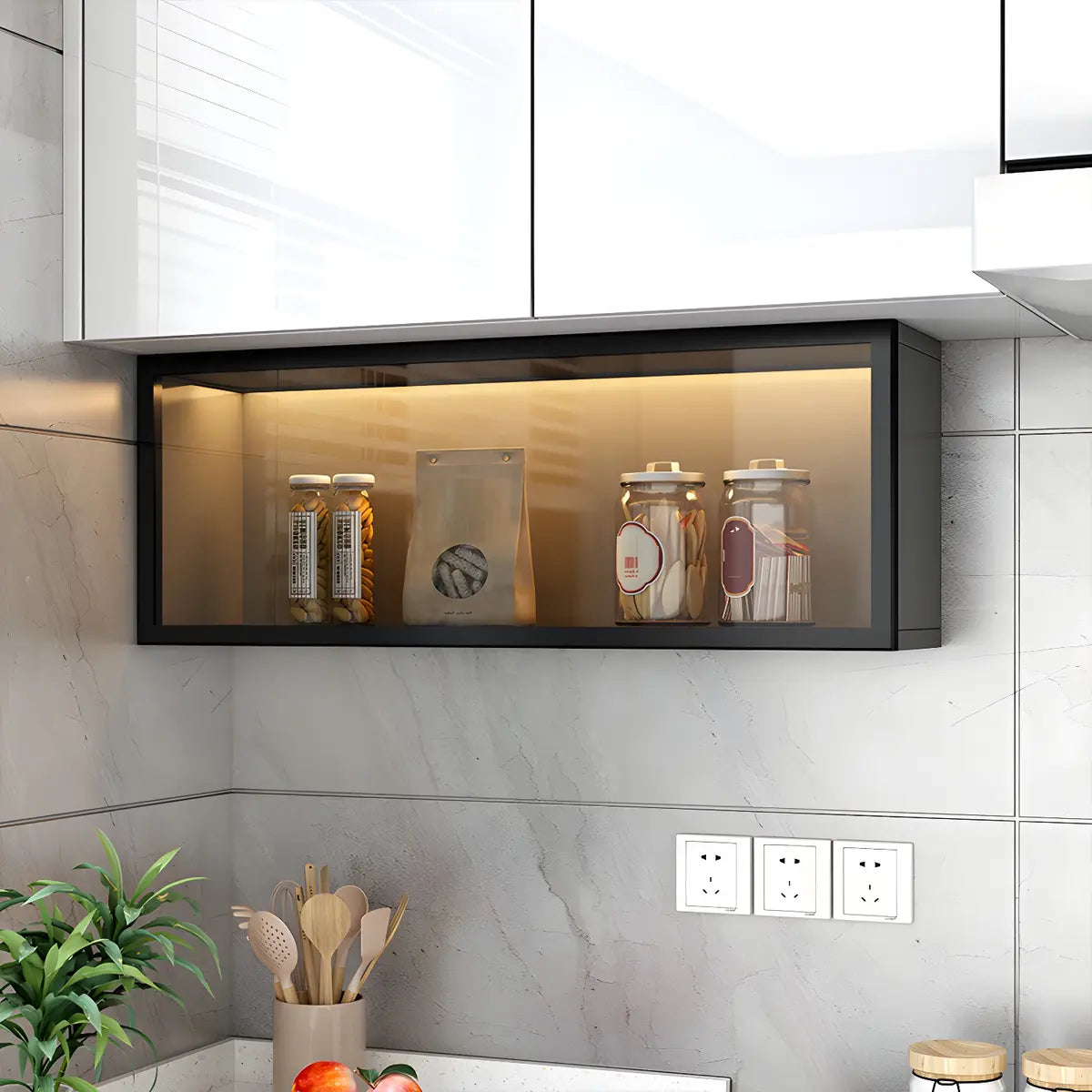 Wood Wall Cabinet with Glass Door for Kitchen Storage and Living Room Display 12 inch Height Multiple Widths Optional LED Lighting Mounted O