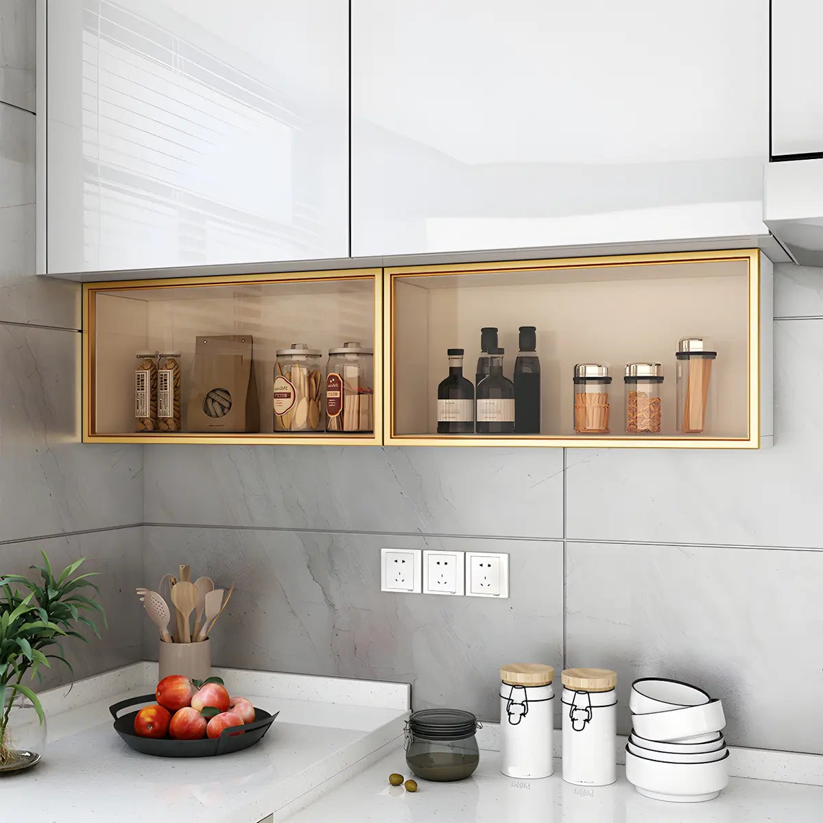 Wood Wall Cabinet with Glass Door for Kitchen Storage and Living Room Display 12 inch Height Multiple Widths Optional LED Lighting Mounted O
