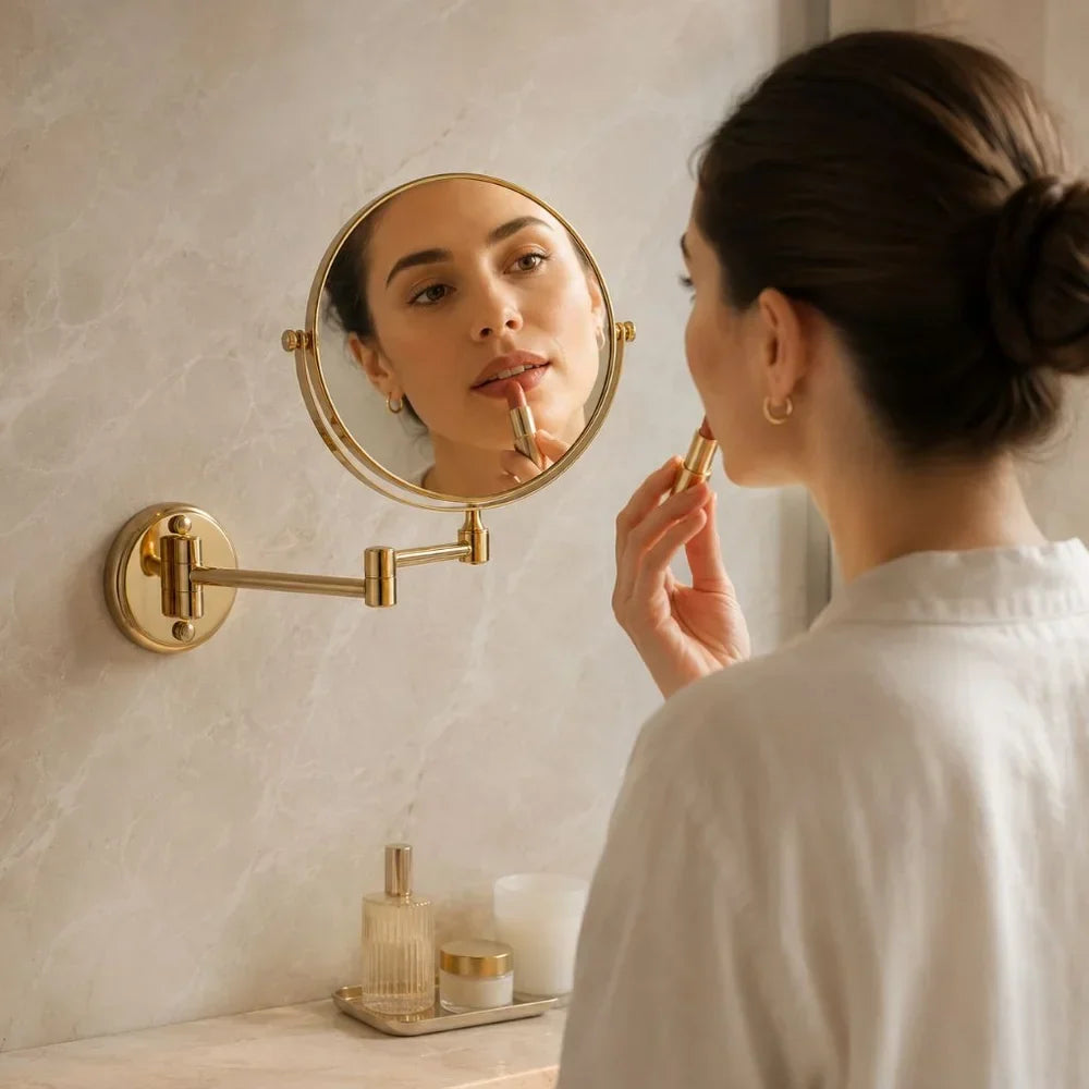Extendable Dual-Sided Vanity Mirror with Adjustable Wall Arm for Close-Up Makeup Application and Everyday Grooming in Bathroom or Dressing