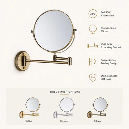 Extendable Dual-Sided Vanity Mirror with Adjustable Wall Arm for Close-Up Makeup Application and Everyday Grooming in Bathroom or Dressing