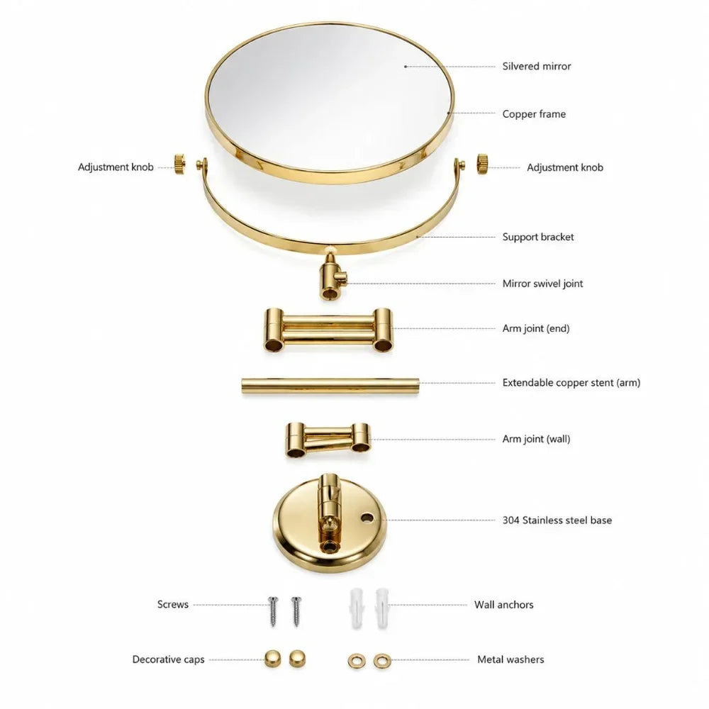 Extendable Dual-Sided Vanity Mirror with Adjustable Wall Arm for Close-Up Makeup Application and Everyday Grooming in Bathroom or Dressing