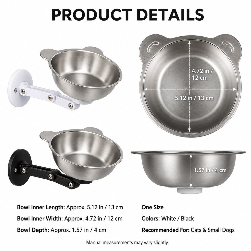 Ortekor Adjustable Wall-Mounted Pet Bowl for Cats & Small Dogs - Space-Saving Magnetic Stainless Steel Bowl