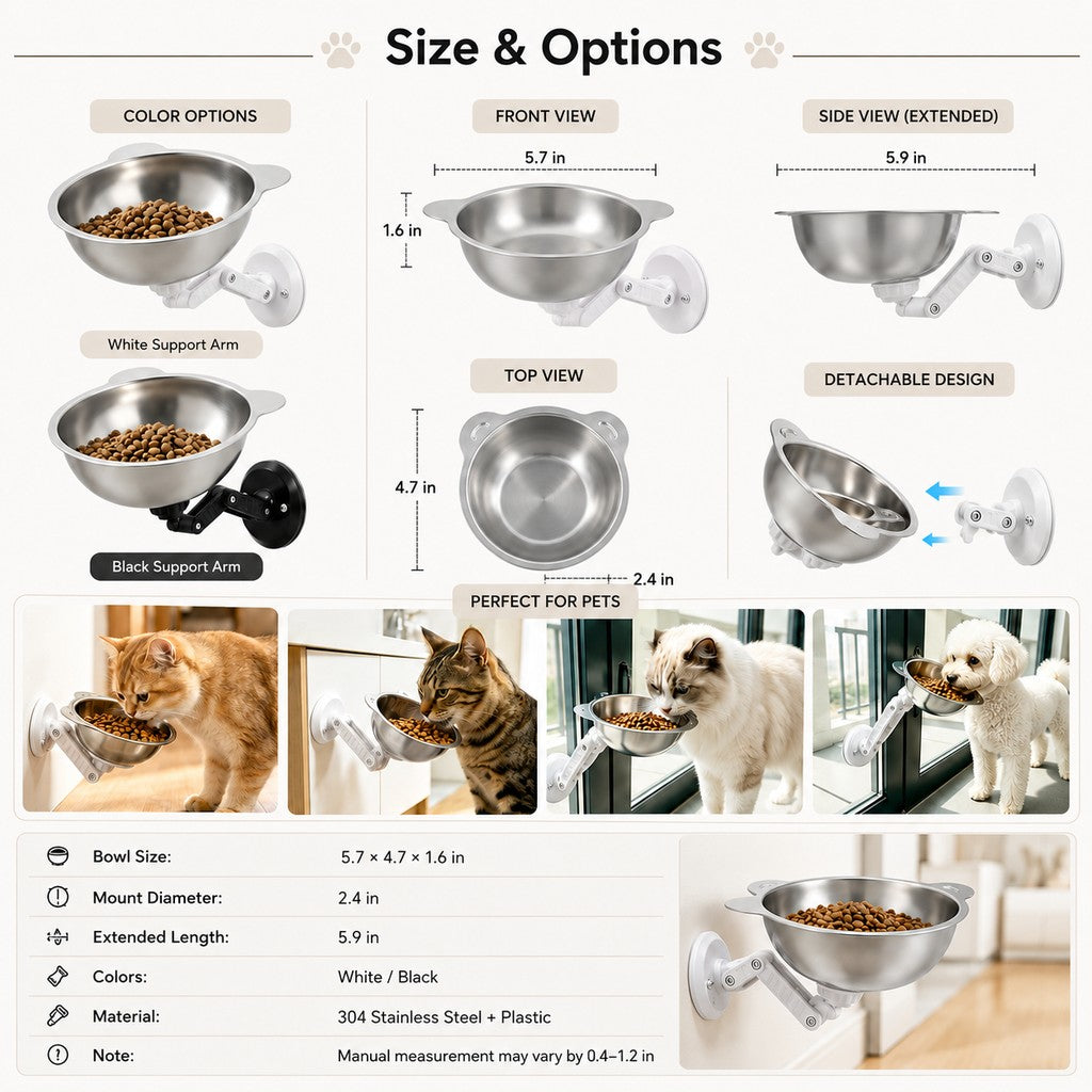Ortekor No-Drill Wall-Mounted Pet Bowl for Small Dogs & Cats - Elevated Feeding for Cleaner Floors