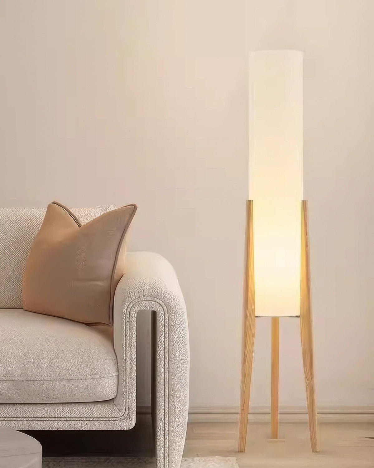 Solid Wood Floor Lamp with Fabric Shade – Mid-Century Standing Light for Living Room & Bedroom – Natural Walnut Base – 12W LED
