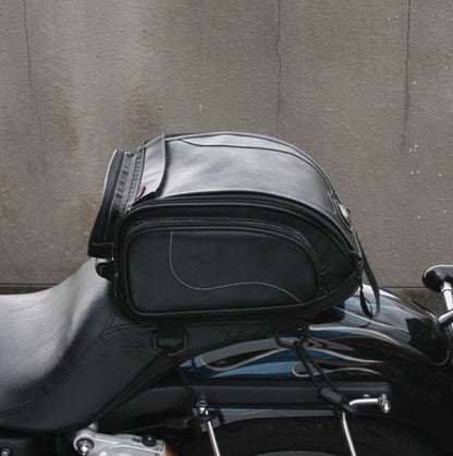 Expandable Motorcycle Rear Cargo Bag with Weather Protection & Convertible Carry Options for Touring, Cruising, Sport Bikes