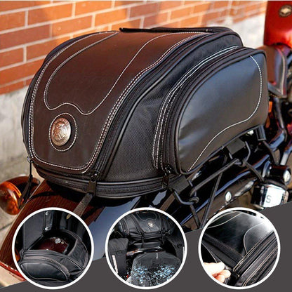 Expandable Motorcycle Rear Cargo Bag with Weather Protection & Convertible Carry Options for Touring, Cruising, Sport Bikes