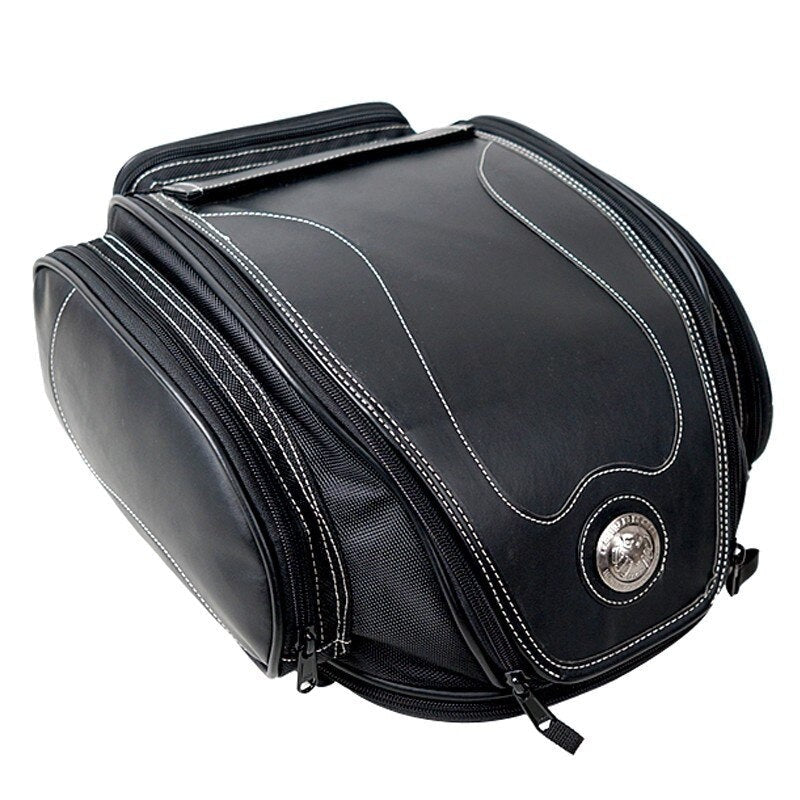 Expandable Motorcycle Rear Cargo Bag with Weather Protection & Convertible Carry Options for Touring, Cruising, Sport Bikes