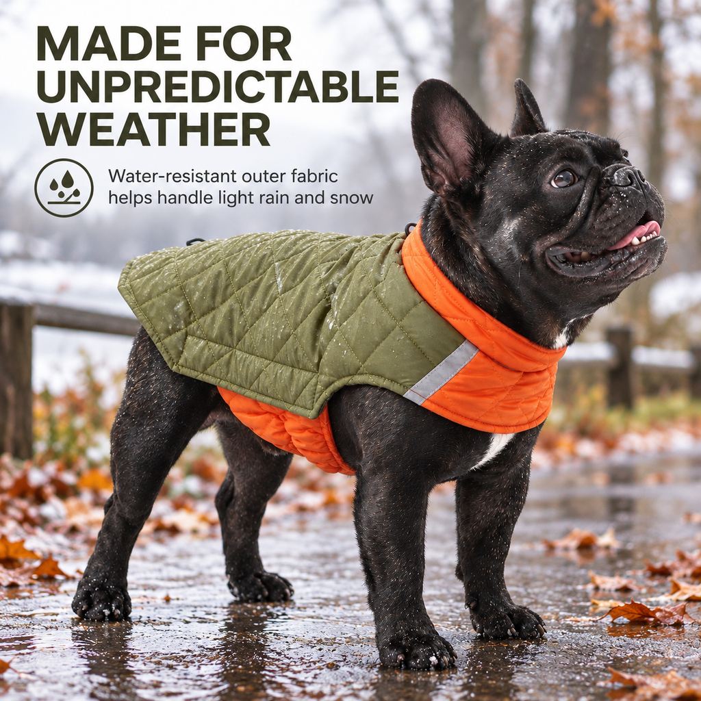 Ortekor Reversible Quilted Dog Winter Coat for Cold Walks - Water-Resistant Reflective 2-in-1 Jacket with Easy Belly Fit