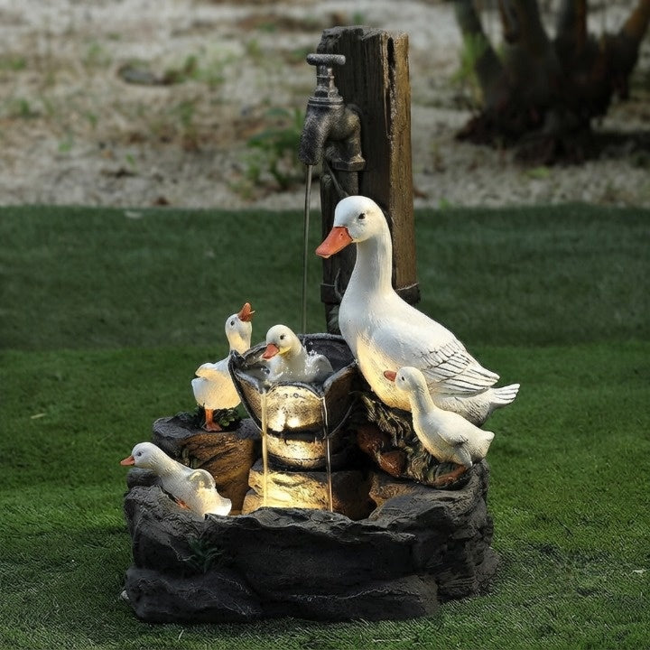 Solar Tabletop Water Fountain with Animal Figurine & LED Light for Patio Garden Deck Outdoor Decor Desktop Accent