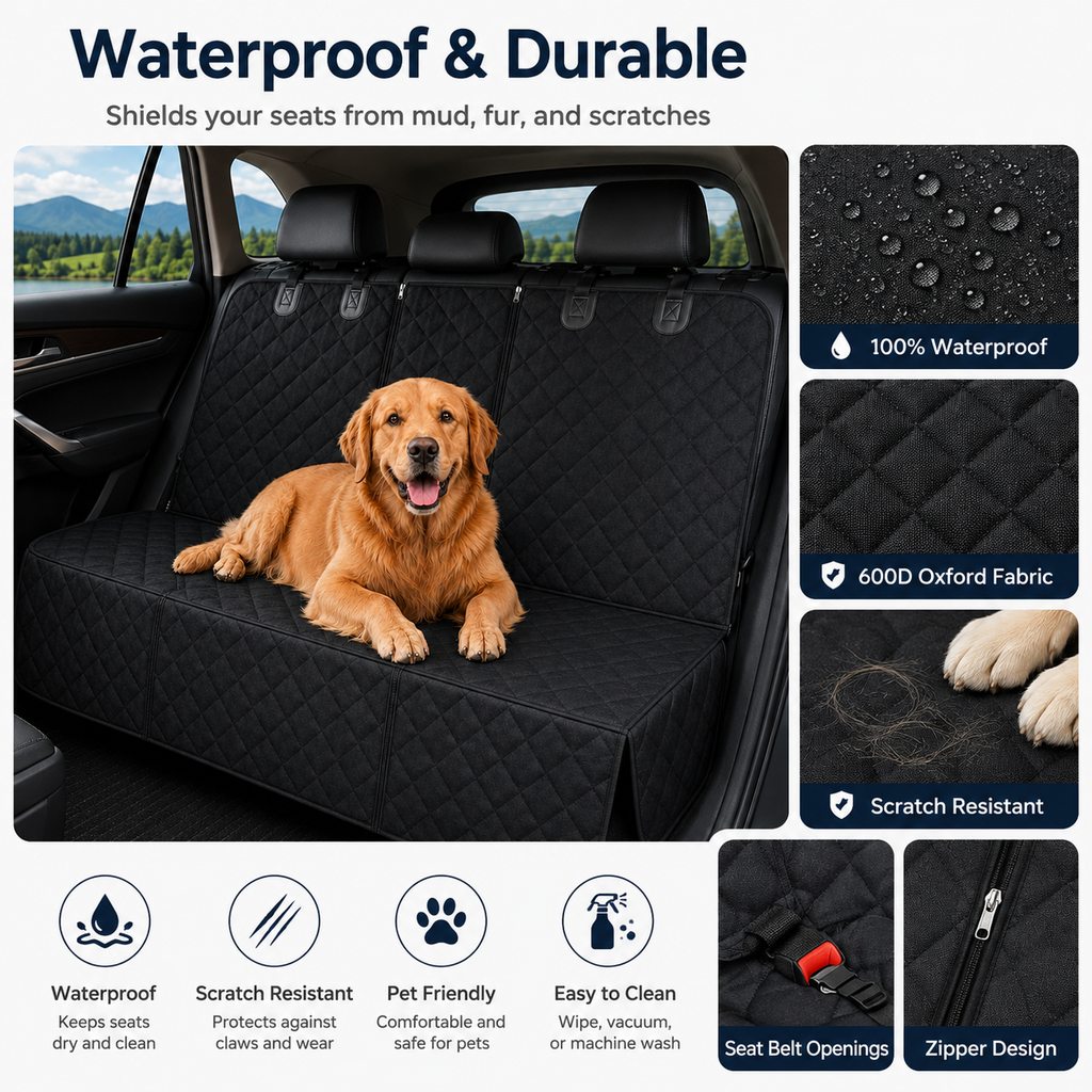 Ortekor Waterproof Dog Car Back Seat Cover for Road Trips - Protects from Mud, Fur & Scratches