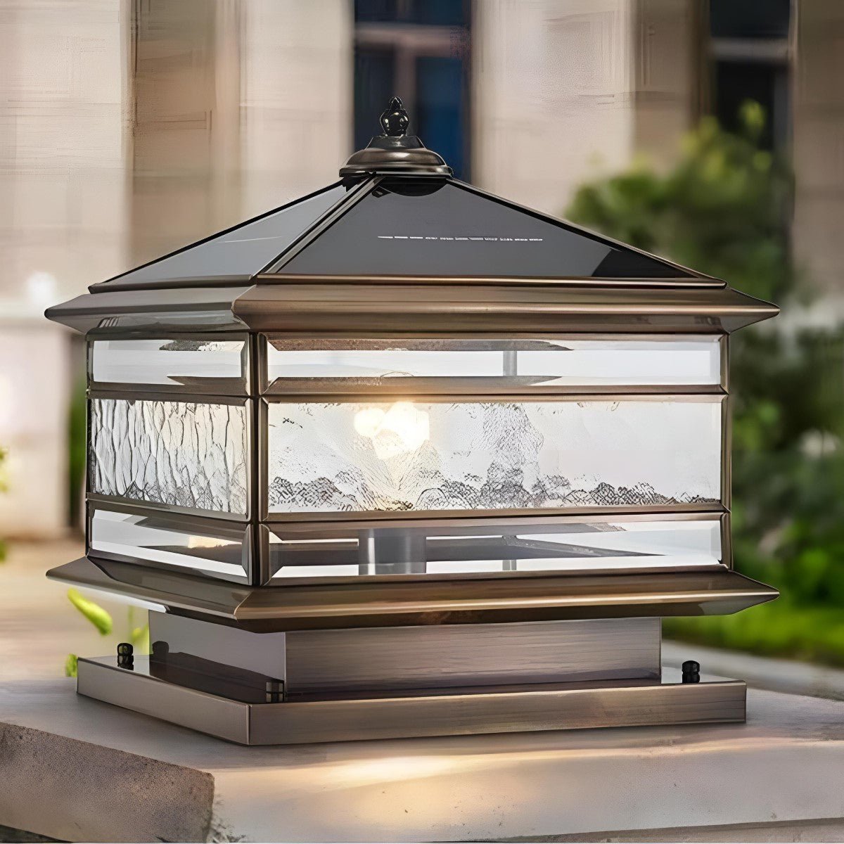 Copper Outdoor Pillar Lantern with Tempered Glass for Gate Posts, Fence Columns, and Garden Entrances - Solar or Wired E27 - Weatherproof