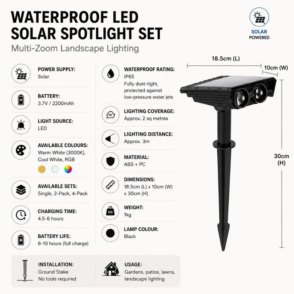 Outdoor Solar Garden Spotlight with Adjustable Beam – Rechargeable Stake Light for Yard, Walkway & Patio Lighting
