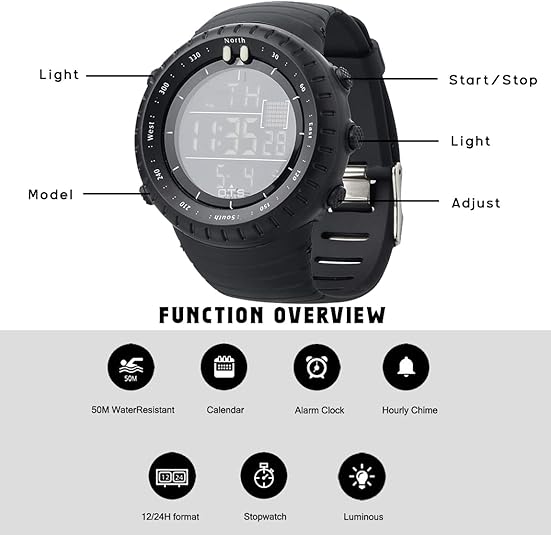 Digital Sports Watch for Men Shock Resistant Waterproof Alarm LED Backlight Tactical Wristwatch for Running Hiking Swimming Outdoor Activiti