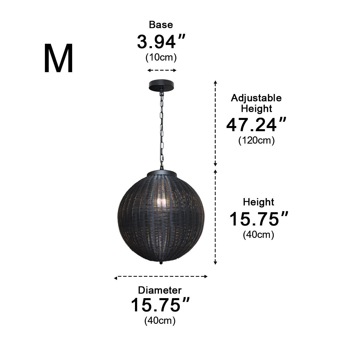 Woven Rattan Outdoor Hanging Lantern 16 in Black Waterproof Porch Light for Pergola Garden Patio Adjustable Cord E27 Socket