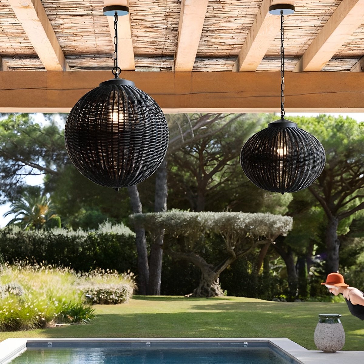 Woven Rattan Outdoor Hanging Lantern 16 in Black Waterproof Porch Light for Pergola Garden Patio Adjustable Cord E27 Socket