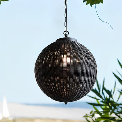 Woven Rattan Outdoor Hanging Lantern 16 in Black Waterproof Porch Light for Pergola Garden Patio Adjustable Cord E27 Socket