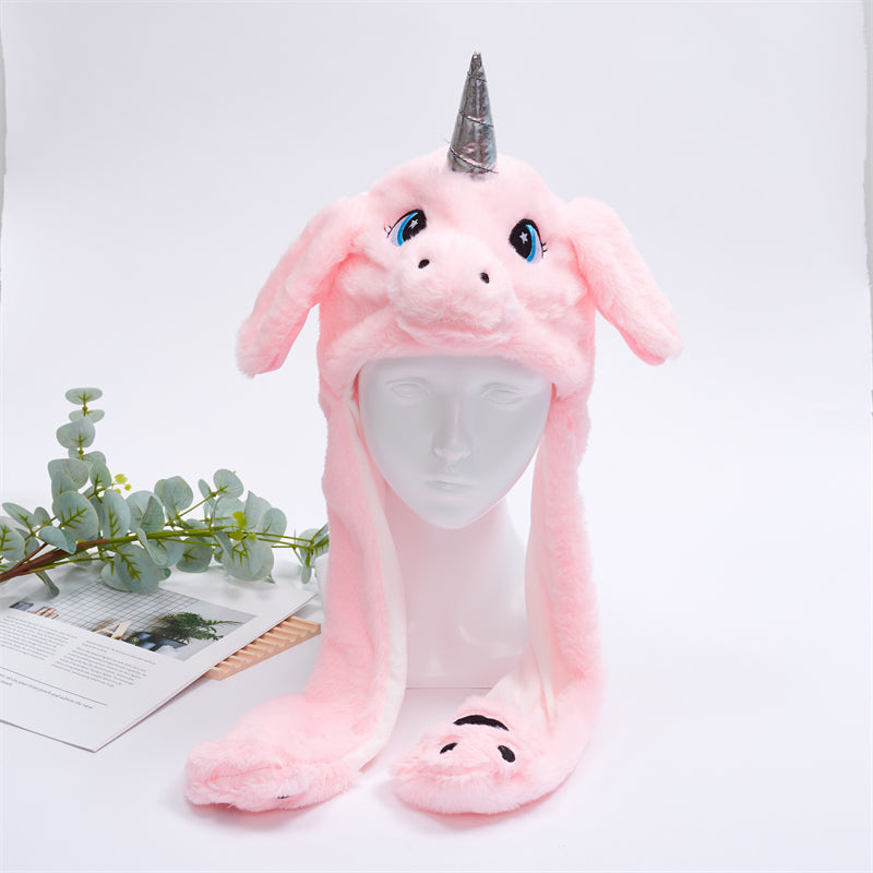 Plush Animal Hat with Squeezable Ears That Move — Soft Costume Cap for Kids & Adults | Cosplay Party Accessory Winter Beanie | Fun Gift
