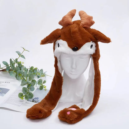 Plush Animal Hat with Squeezable Ears That Move — Soft Costume Cap for Kids & Adults | Cosplay Party Accessory Winter Beanie | Fun Gift