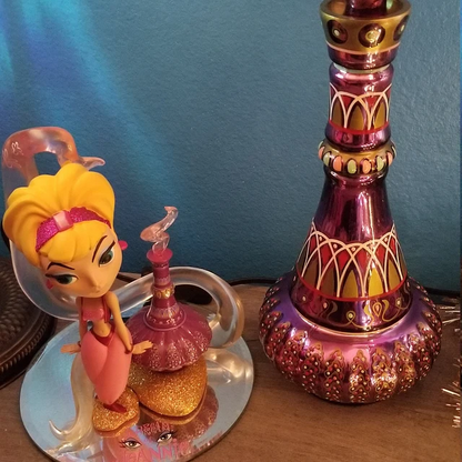 Purple Glass Genie Lamp Decorative Bottle with Mirrored Finish – Hand-Painted Brass Accent Statement Piece for Home Décor Display