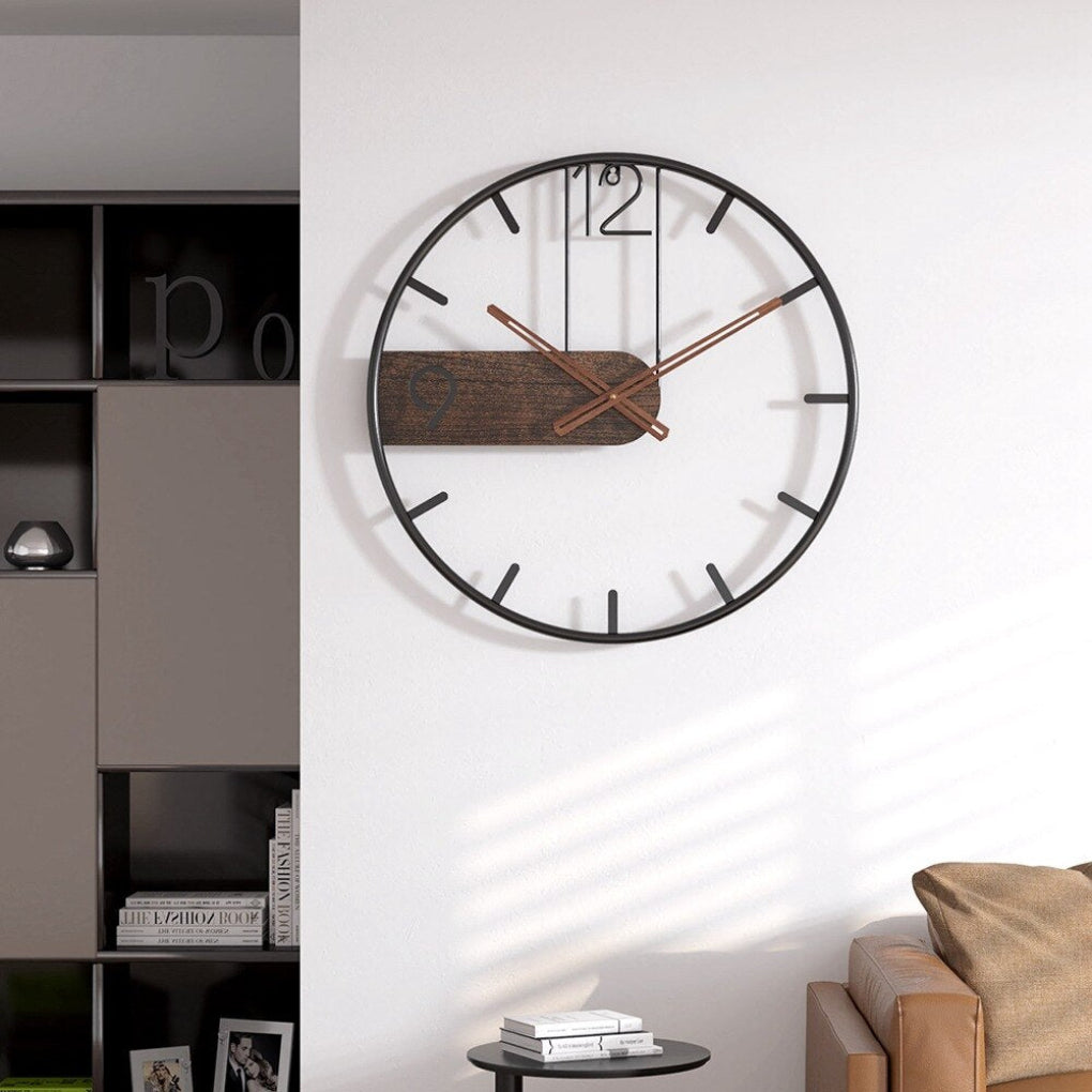 Modern Round Wall Clock with Wood Accent & Silent Quartz Mechanism | Elegant Timepiece for Home Decor