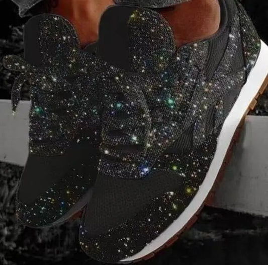 Women's Sparkling Low-Top Athletic Shoes – Shimmer Finish Lace-Up Sneakers for Everyday Wear & Casual Outfits