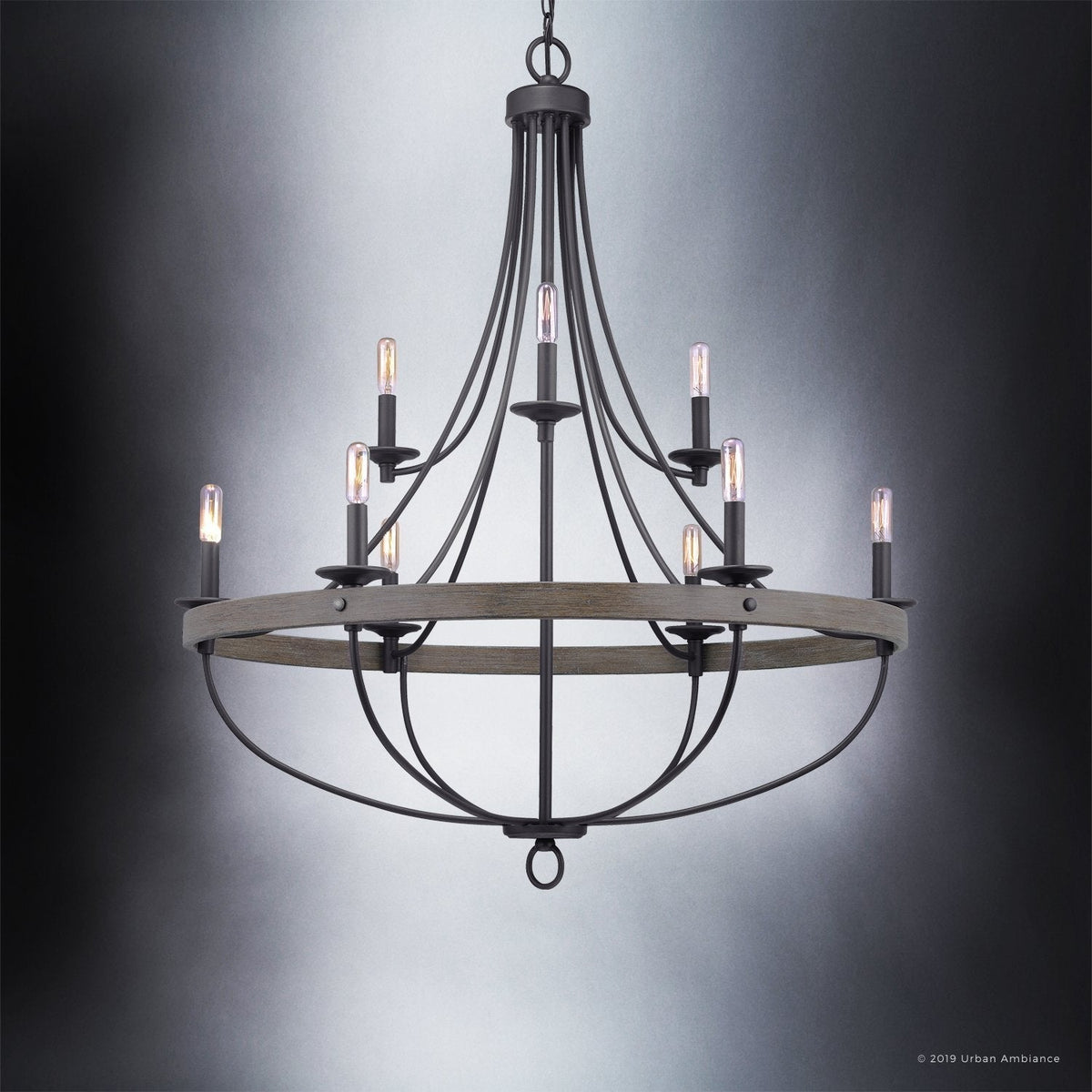 9-Light Steel Pendant Fixture Round Industrial Farmhouse Ceiling Light Charcoal 35-Inch Dining Room Open Cage Chandelier Adjustable Height