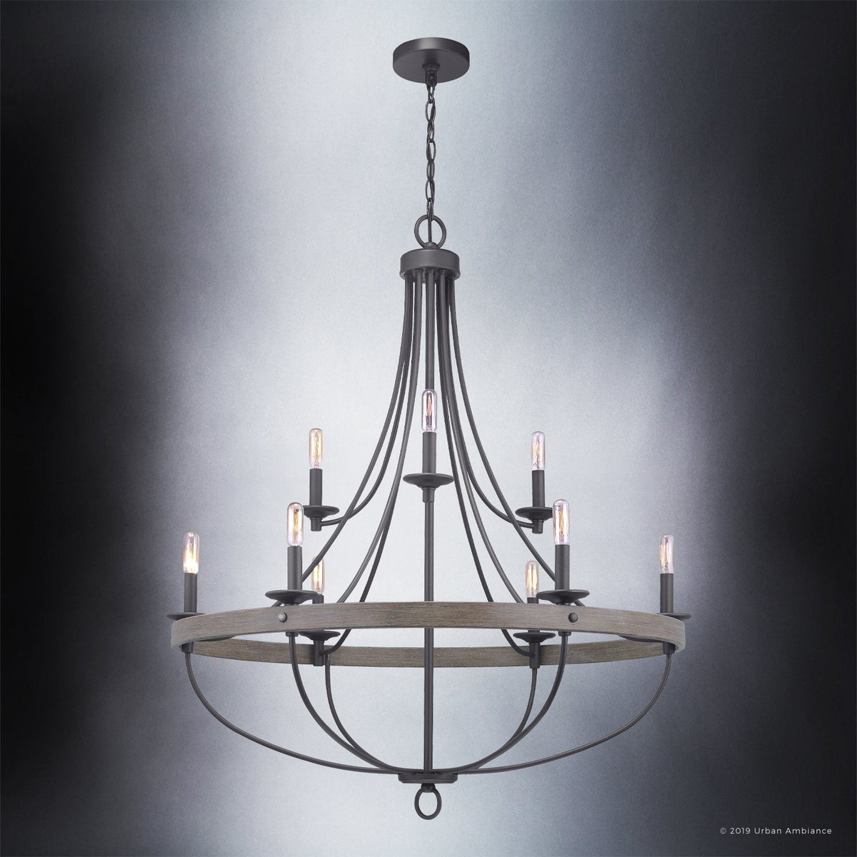 9-Light Steel Pendant Fixture Round Industrial Farmhouse Ceiling Light Charcoal 35-Inch Dining Room Open Cage Chandelier Adjustable Height